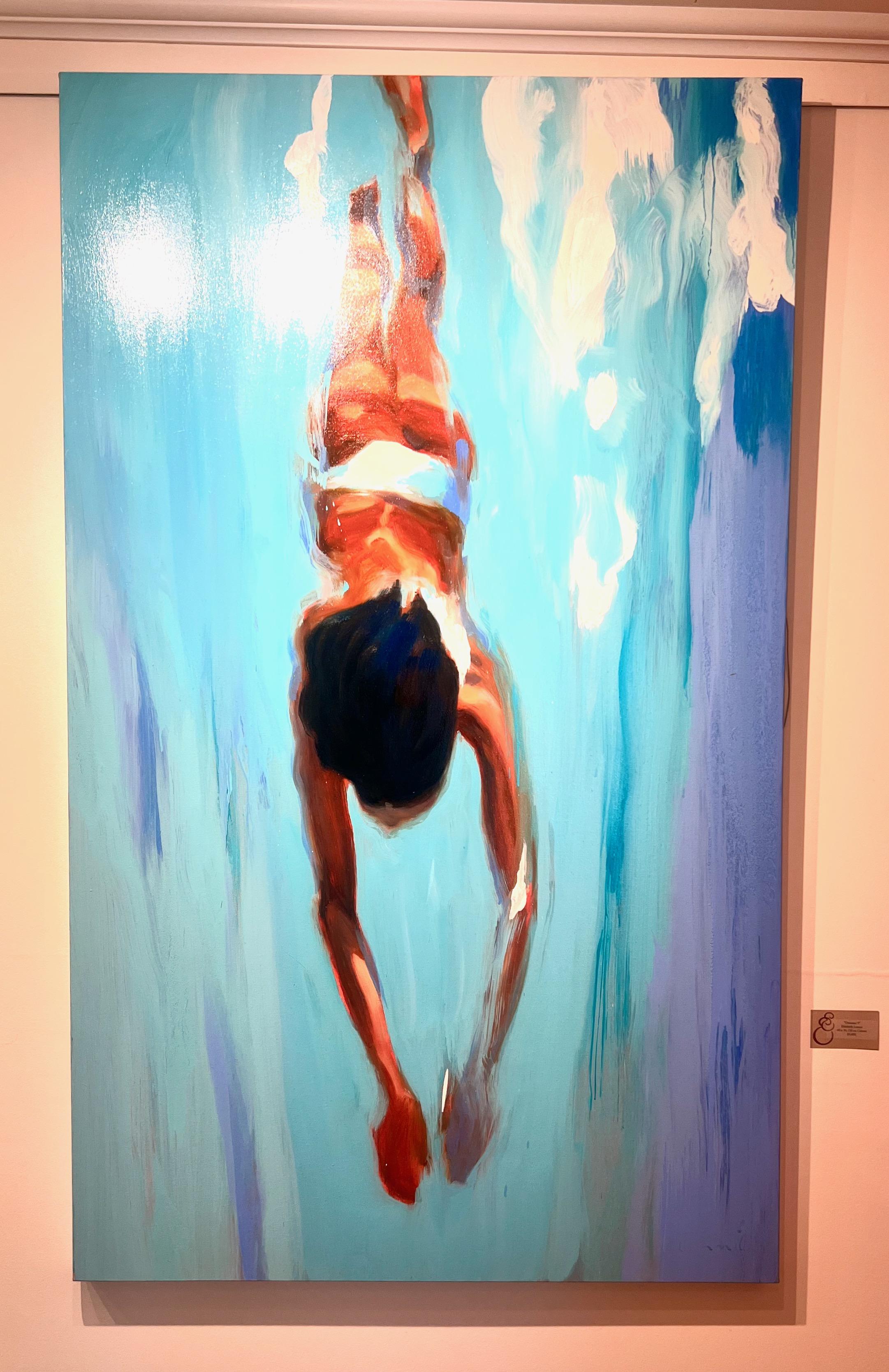 Peinture à l'huile verticale « Dreamer 5 » d'une femme nageant dans l'eau turquoise 1