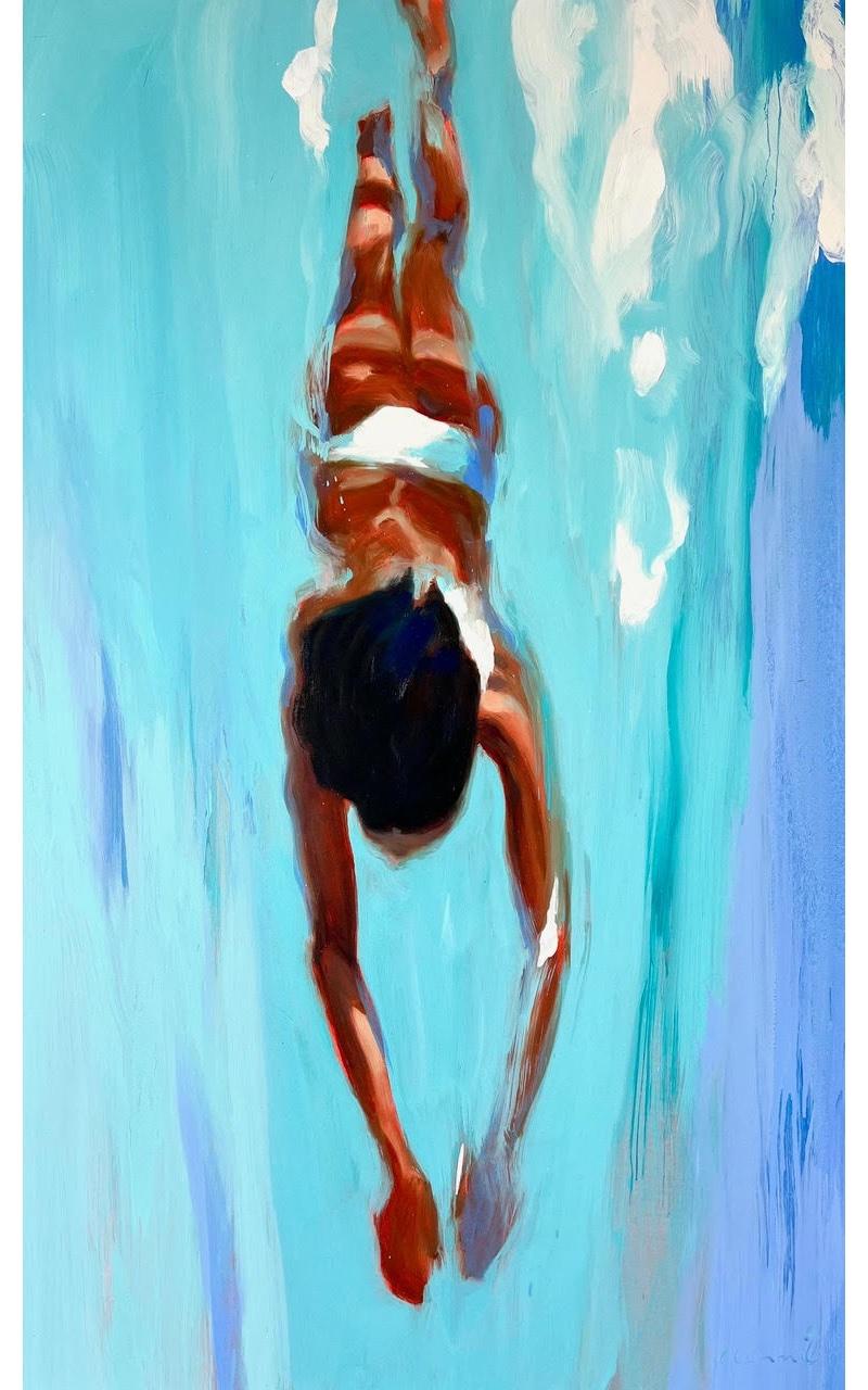Elizabeth Lennie Figurative Painting - "Dreamer 5" vertical oil painting of a woman swimming down in turquoise water