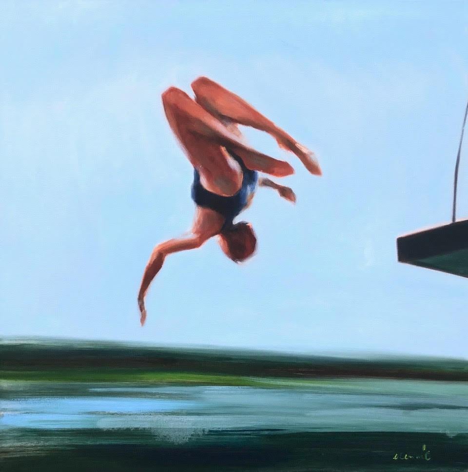 Elizabeth Lennie Figurative Painting - "Freestyle 2" oil painting of a girl flipping off a diving board into water