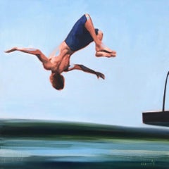 "Freestyle" oil painting of a boy flipping of a diving board into water