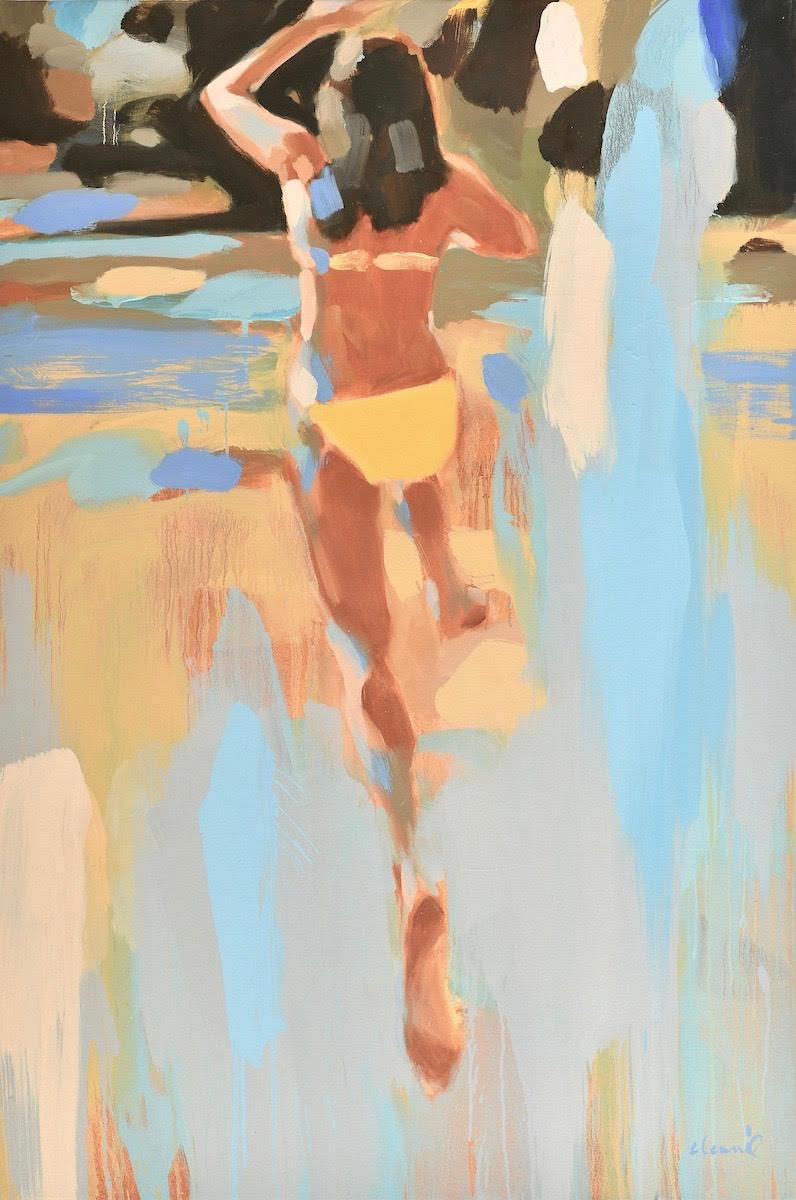 Elizabeth Lennie Figurative Painting - "Golden Girl" Oil painting of a girl in a yellow bikini jumping into water