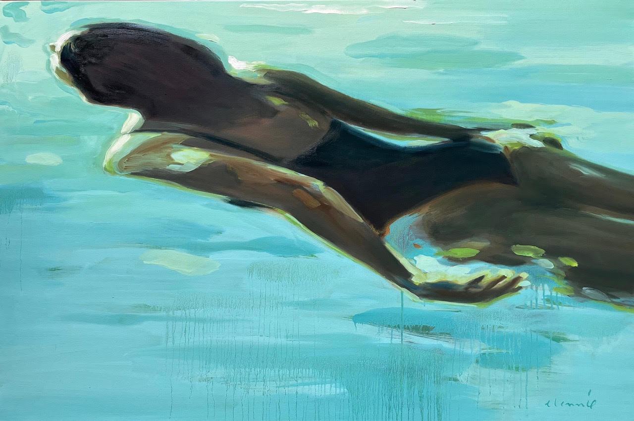 Elizabeth Lennie Figurative Painting - "Happiness" contemporary oil painting of woman swimming in a turquoise pool