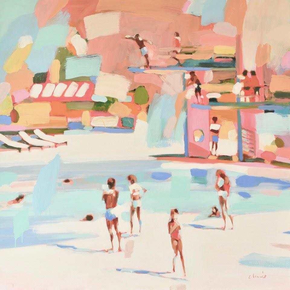 Elizabeth Lennie Figurative Painting - "How To Do a Fly Dive" Abstract oil painting of people at pool in pastel colors