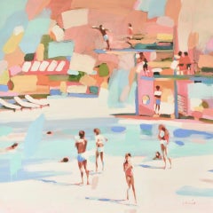 "How To Do a Fly Dive" Abstract oil painting of people at pool in pastel colors