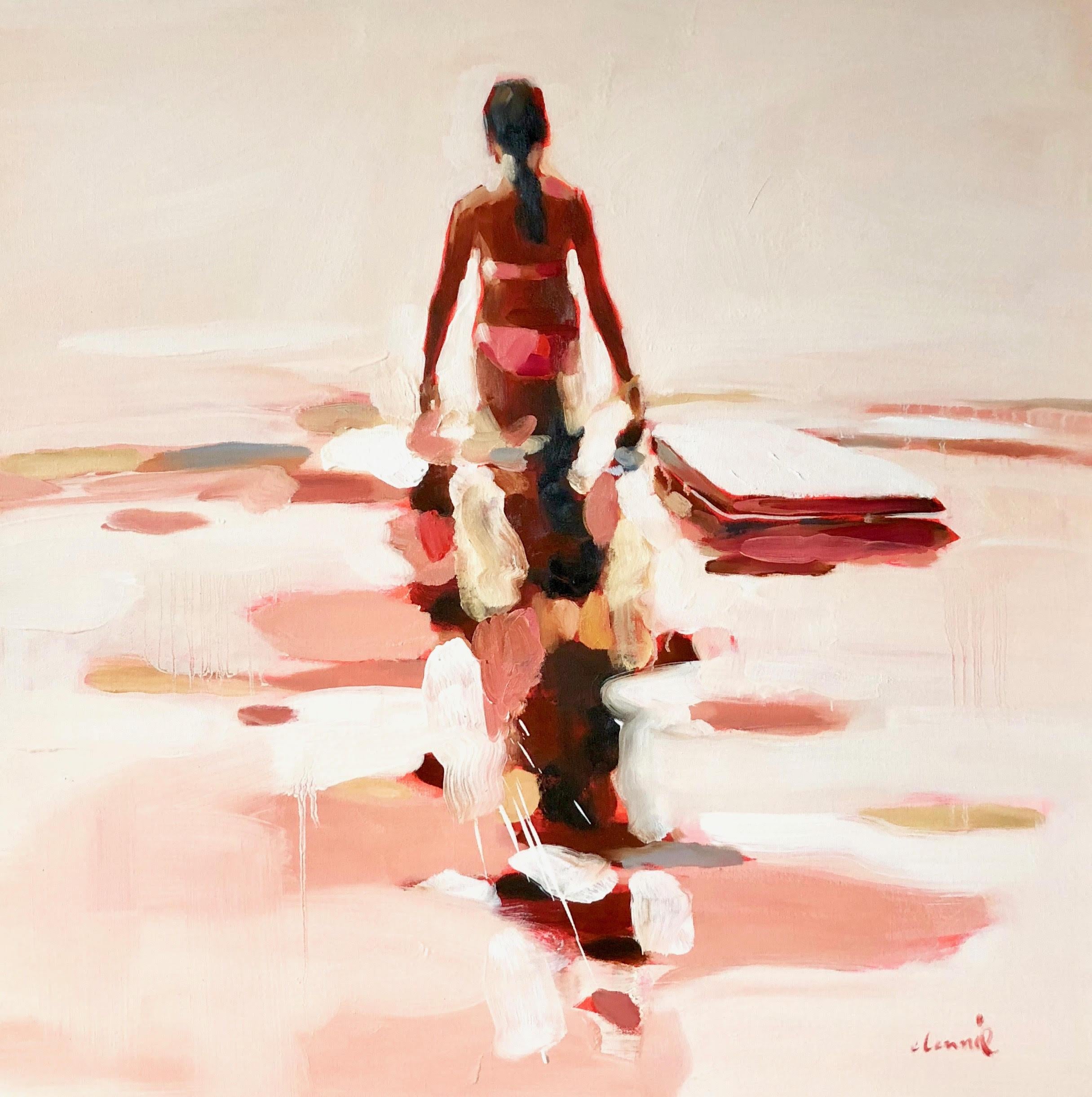 Elizabeth Lennie Figurative Painting - "Independence" Abstract oil painting of a woman wading in the water