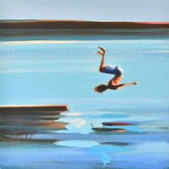 "Independence" Oil painting of a boy backflipping off a raft into blue water