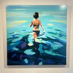 "Meditation Swim" abstract oil painting of woman wading in blue, turquoise water