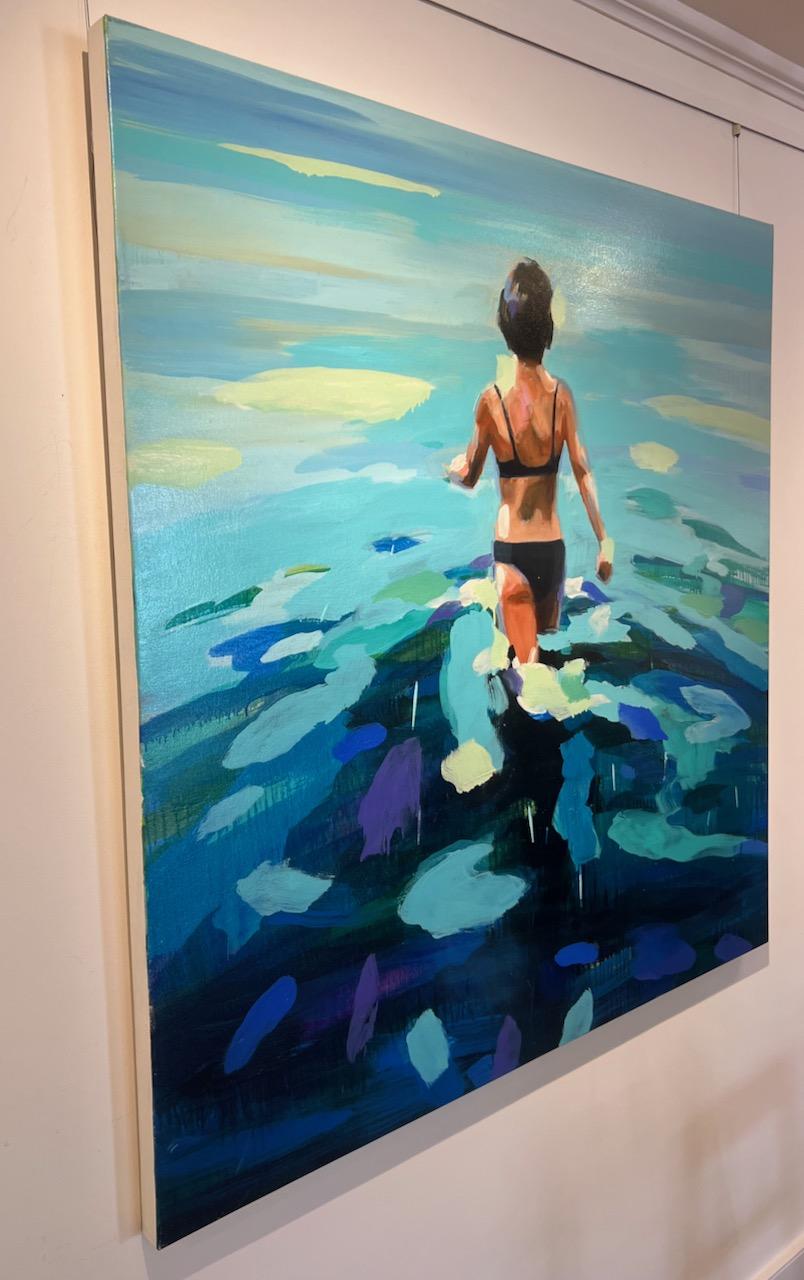 Abstraktes Ölgemälde „Meditation Swim“ einer Frau, die in blauem, türkisfarbenem Wasser schwimmt im Angebot 1