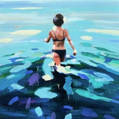 "Meditation Swim" abstract oil painting of woman wading in blue, turquoise water