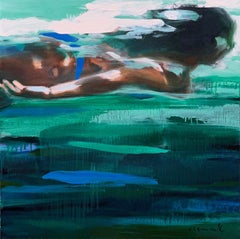 "Mermaid" abstract oil painting of a woman swimming in green and blue water