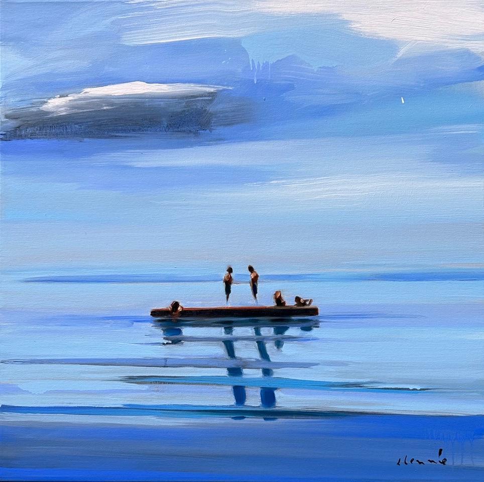 Elizabeth Lennie Figurative Painting - “Morning”, a calm depiction of a pair of figures standing atop a dock 