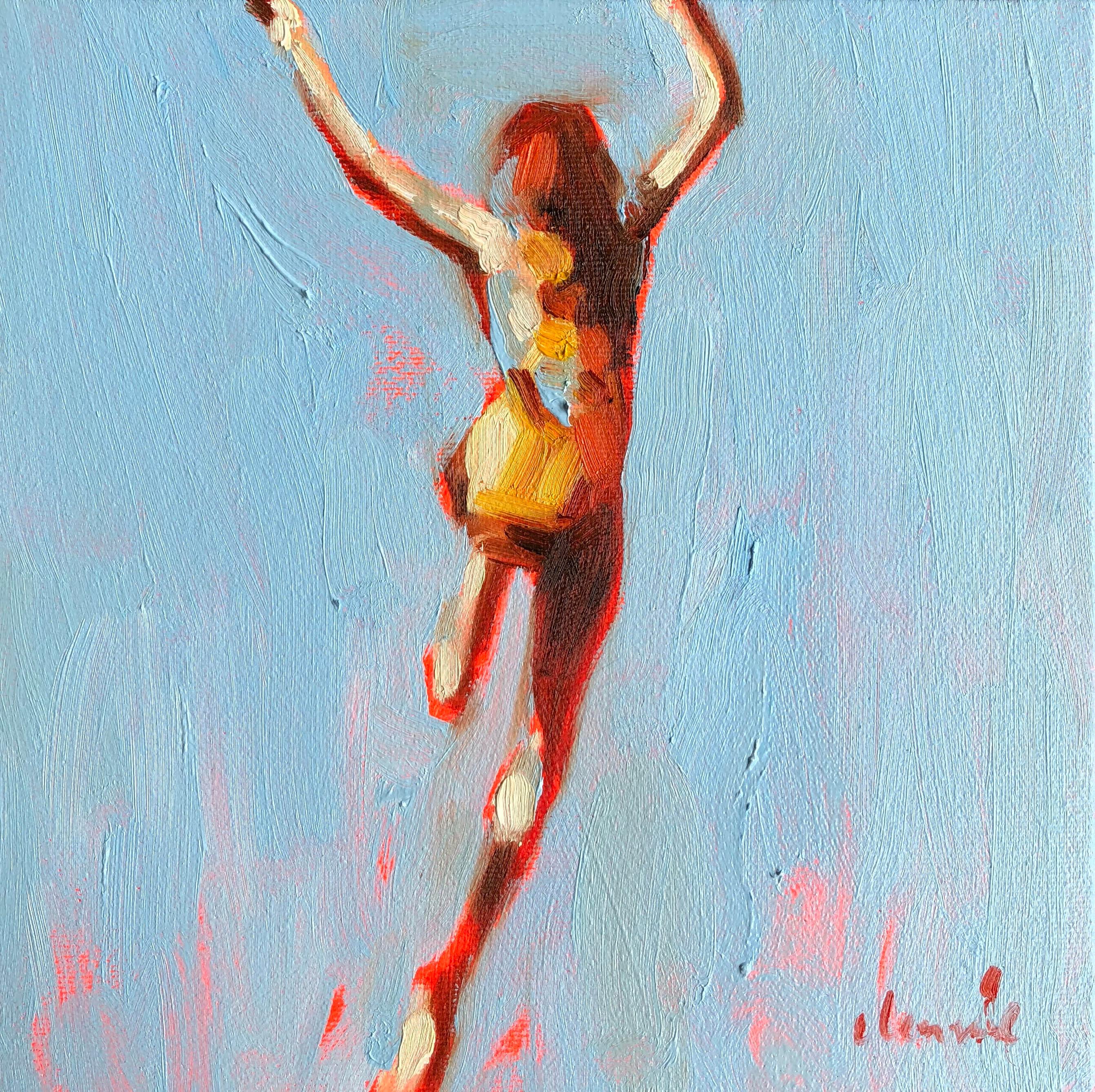 Elizabeth Lennie Figurative Painting - "Mythography #108" Abstract oil painting of a woman jumping in the water