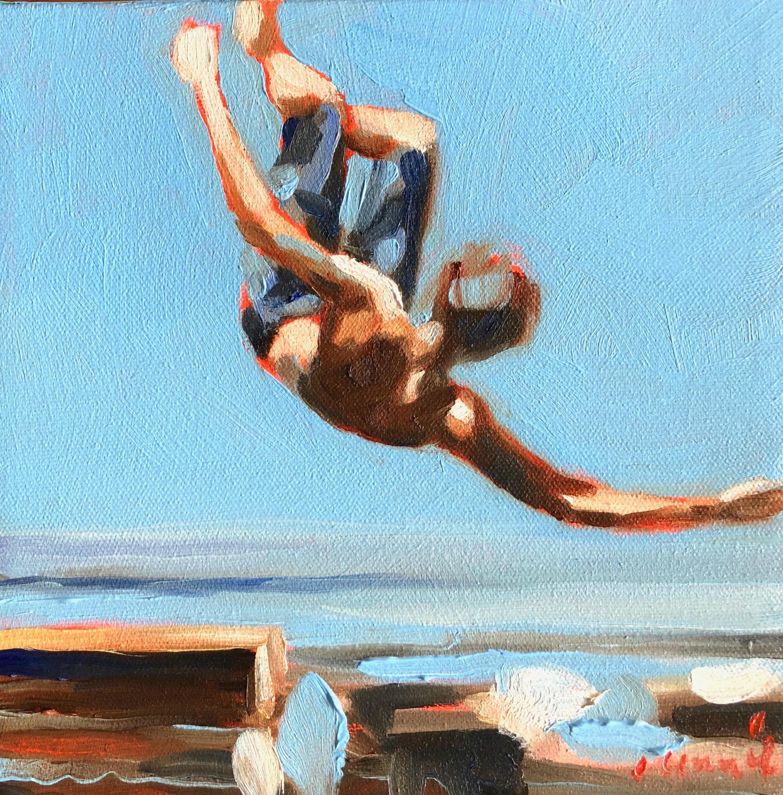 Elizabeth Lennie Figurative Painting - "Mythography #112" Abstract oil painting of a boy jumping in the water