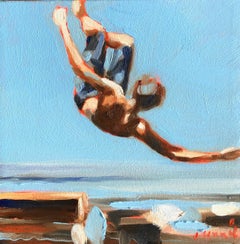 "Mythography #112" Abstract oil painting of a boy jumping in the water