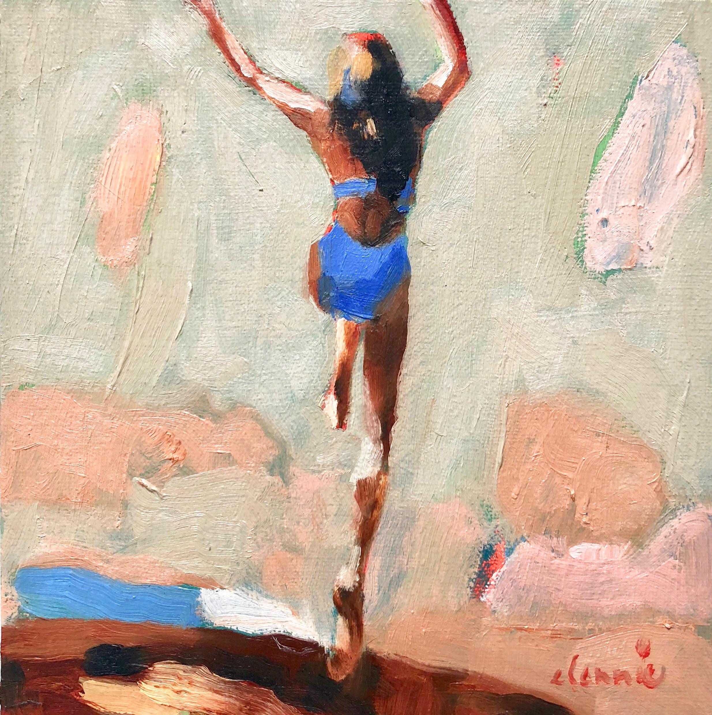 Elizabeth Lennie Figurative Painting - "Mythography #129" Abstract oil painting of a woman jumping in the water