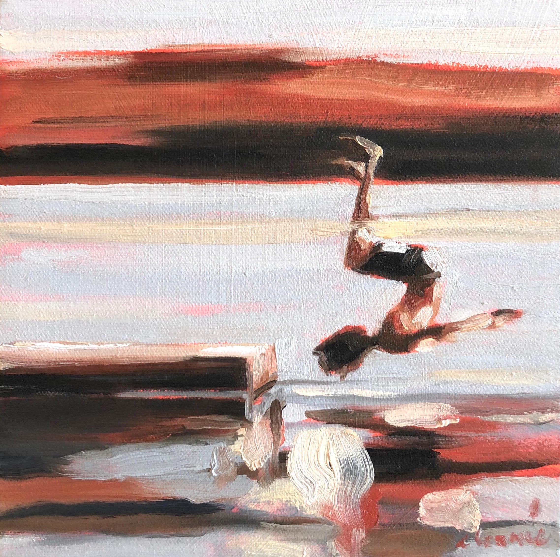 Elizabeth Lennie Figurative Painting - "Mythography #130" Abstract oil painting of a boy jumping in the water