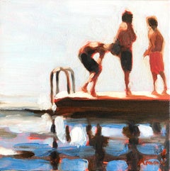 Used "Mythography #132" Abstract oil painting of kids on a raft in the water