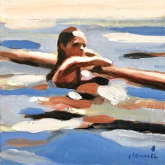 ''Mythography 135'' abstract oil painting of woman floating on raft, blue water