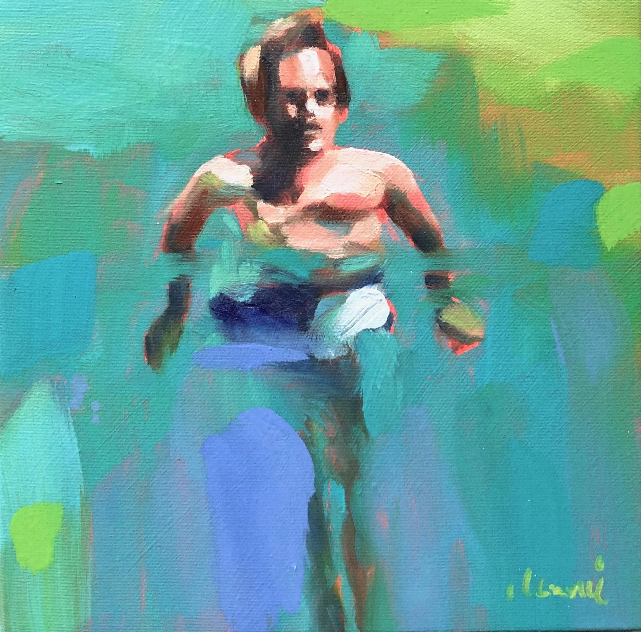 Elizabeth Lennie Abstract Painting - "Mythography 140" oil painting of a man swimming in green and blue water
