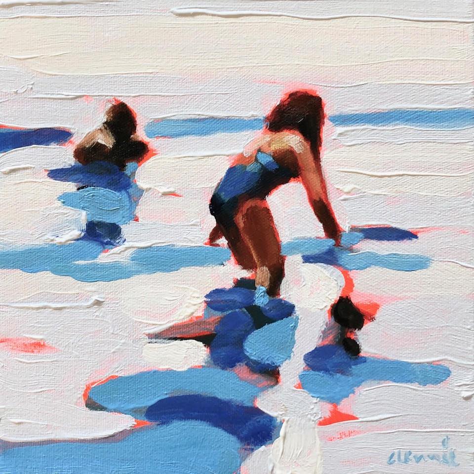 Elizabeth Lennie Figurative Painting – „Mythography 148“:: abstraktes Ölgemälde von Menschen in blauem und weißem Wasser