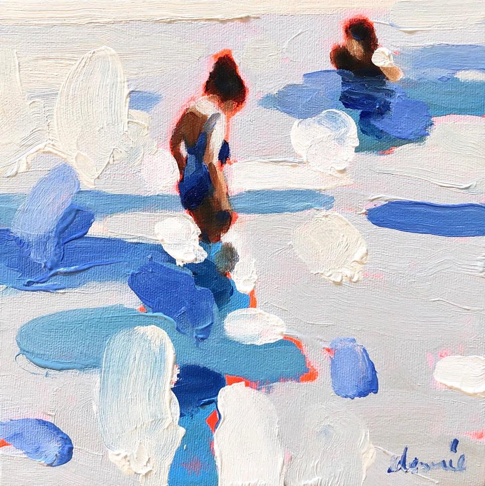 Elizabeth Lennie Figurative Painting - "Mythography 149" abstract oil painting of people in blue and white water