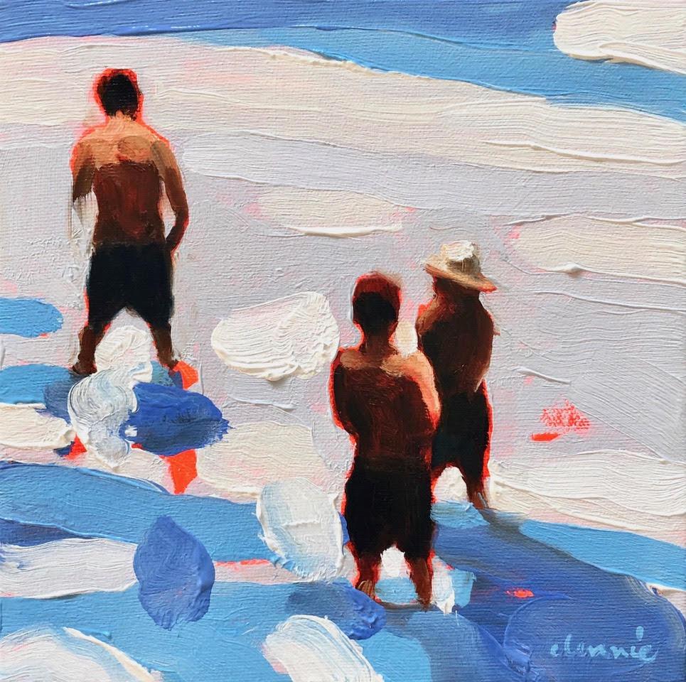 Elizabeth Lennie Figurative Painting - "Mythography 150" abstract oil painting of people in blue and white water