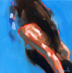 "Mythography 152" abstract oil painting of a woman swimming under blue water