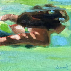 "Mythography 153" abstract oil painting of a woman swimming in green water
