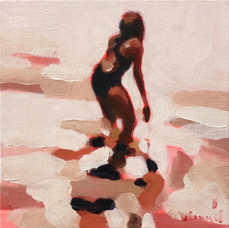 Elizabeth Lennie Figurative Painting - "Mythography 162" abstract oil painting of a woman in water in a neutral palette