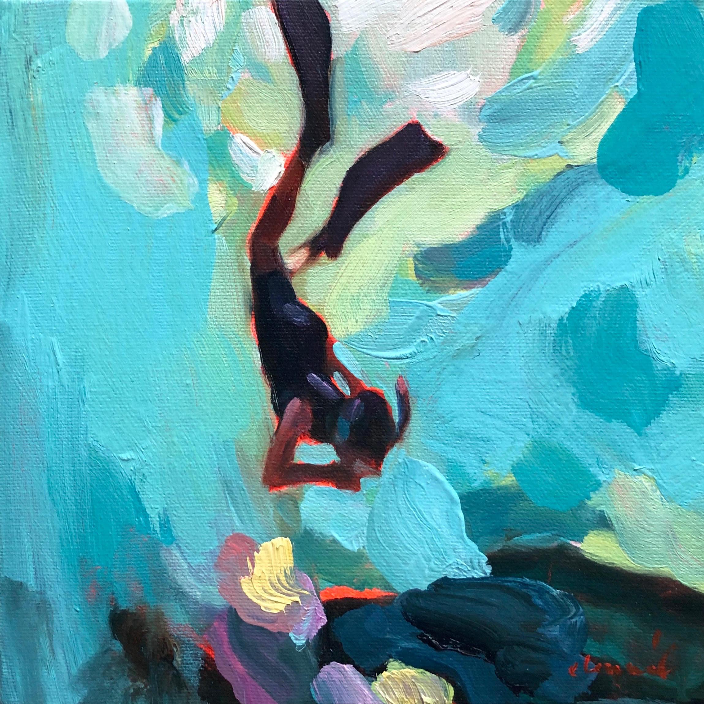 Elizabeth Lennie Figurative Painting - "Mythography 171" oil painting of a free diver swimming in turquoise water