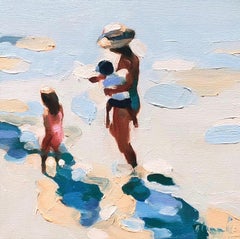 "Mythography 175" oil painting of a mother and two kids standing, abstract back