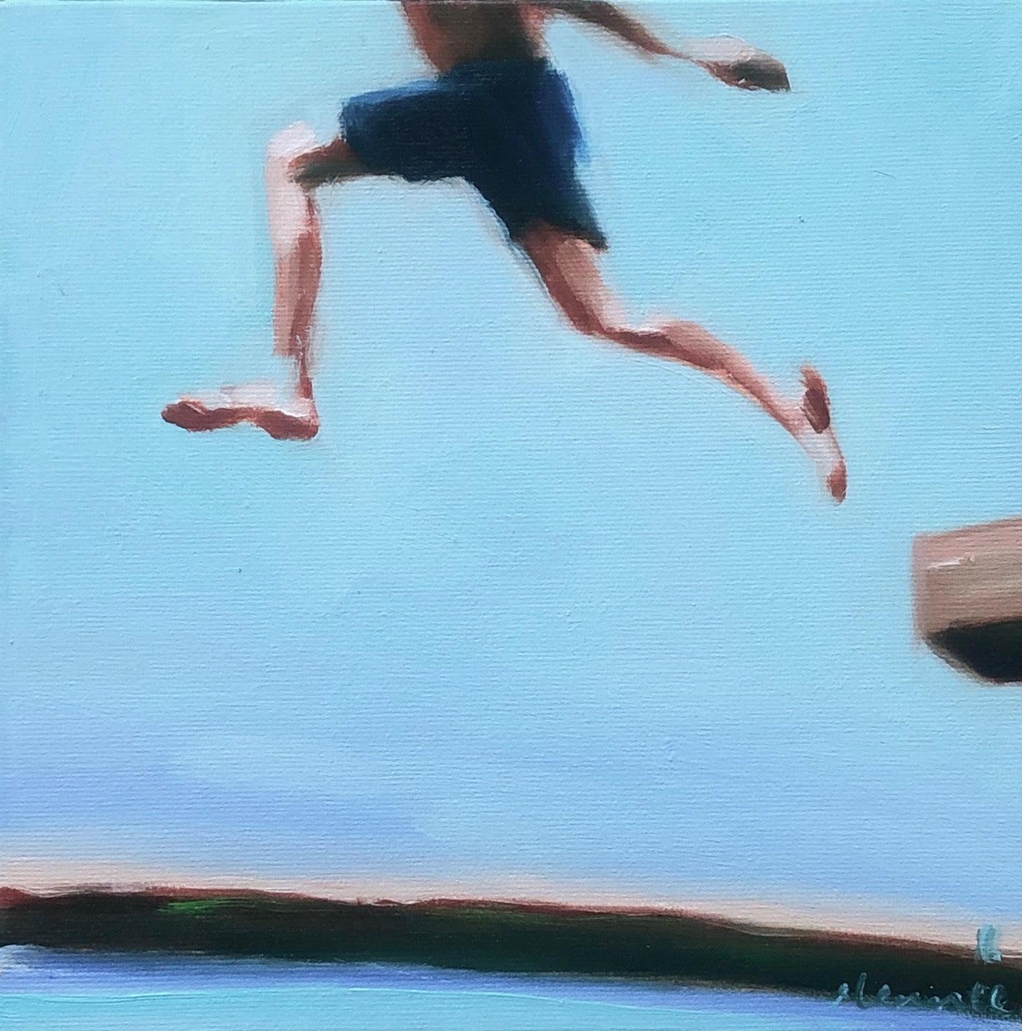 Elizabeth Lennie Figurative Painting - "Mythography 178" oil painting of boy running in blue swim trunks, blue sky