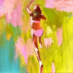 "Mythography 183" Pink and green figurative painting of a woman in pink bikini.