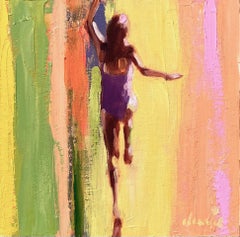 "Mythography 185" Painting of a diver jumping on a pink yellow and green canvas.