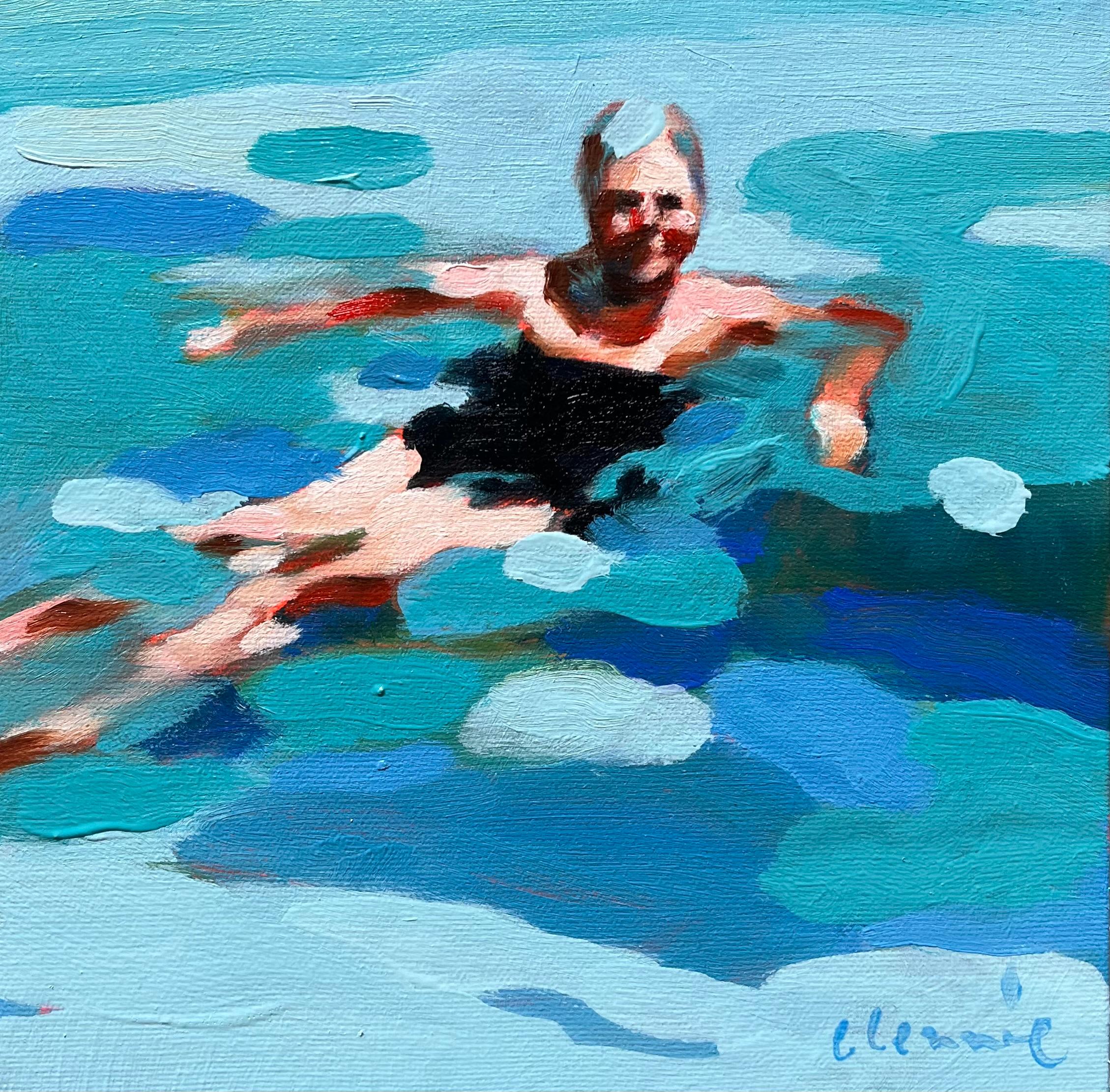 Figurative Painting Elizabeth Lennie - ""Mythographie 186" Peinture bleu cristalline d'une femme flottant sur l'eau.