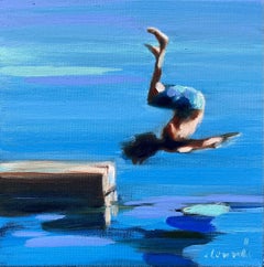 "Mythography 187" Blue painting of a swimmer backflipping off of a dock.