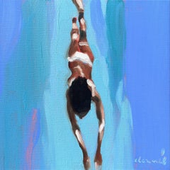 "Mythography 190" Painting of a woman in a white bikini mid dive against blue. 