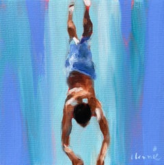 "Mythography 191" Blue painting of a man in blue swim trunks mid dive. 