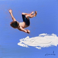 "Mythography 192" Painting of backflipping child with blue and white background.
