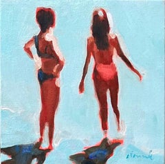 « Mythographie 200 » - Peinture à l'huile abstraite de deux jeunes filles dans l'océan 