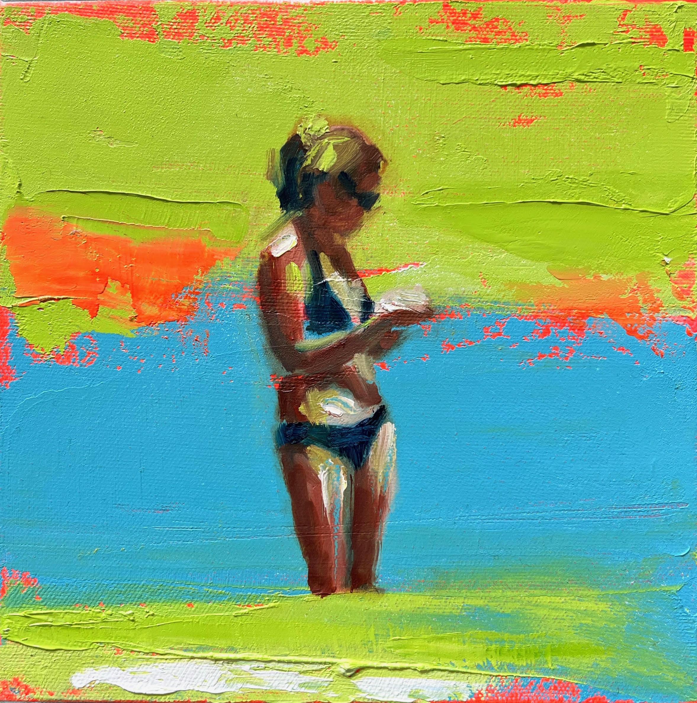 Elizabeth Lennie Figurative Painting - "Mythography 233" Abstract oil painting of a woman in a bikini and sunglasses