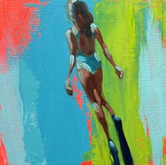 "Mythography 235" Abstract oil painting of a young girl diving with flippers