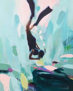 "Neutral Bouyancy" oil painting of a woman snorkeling under pastel blue water