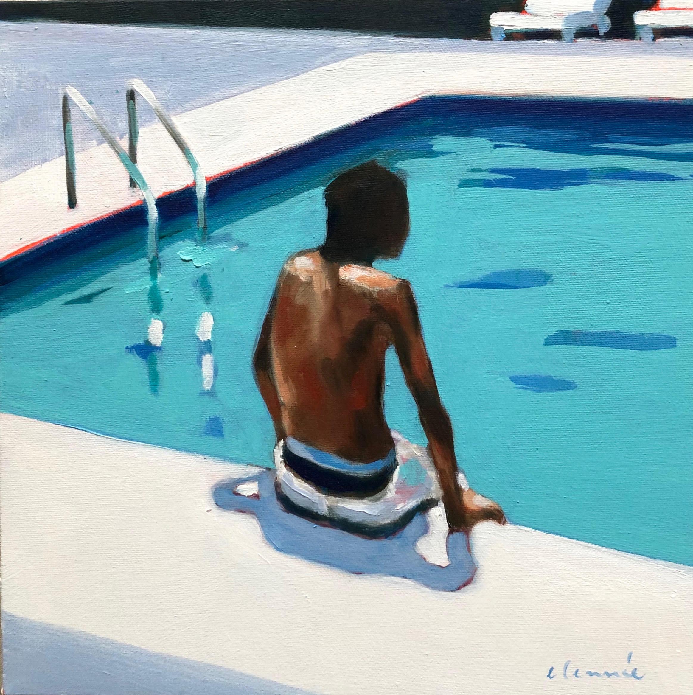 Elizabeth Lennie Figurative Painting - "New Normal 3" oil painting of a boy sitting on the edge of a blue pool