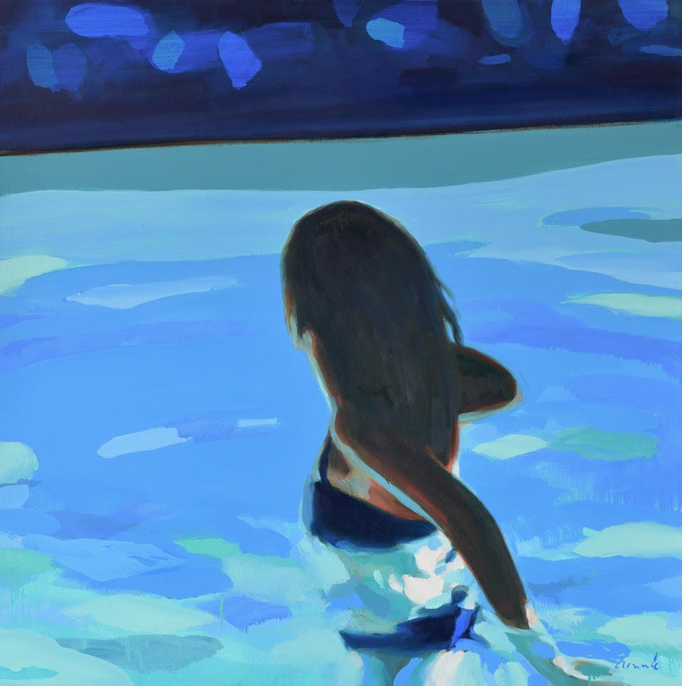 Elizabeth Lennie Abstract Painting - "Night Swim" oil painting of a woman wading in a swimming pool at night