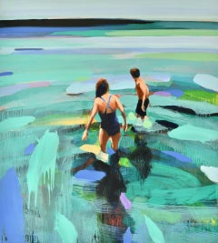 "Northern Waters" Oil painting of a couple wading in blue and green water