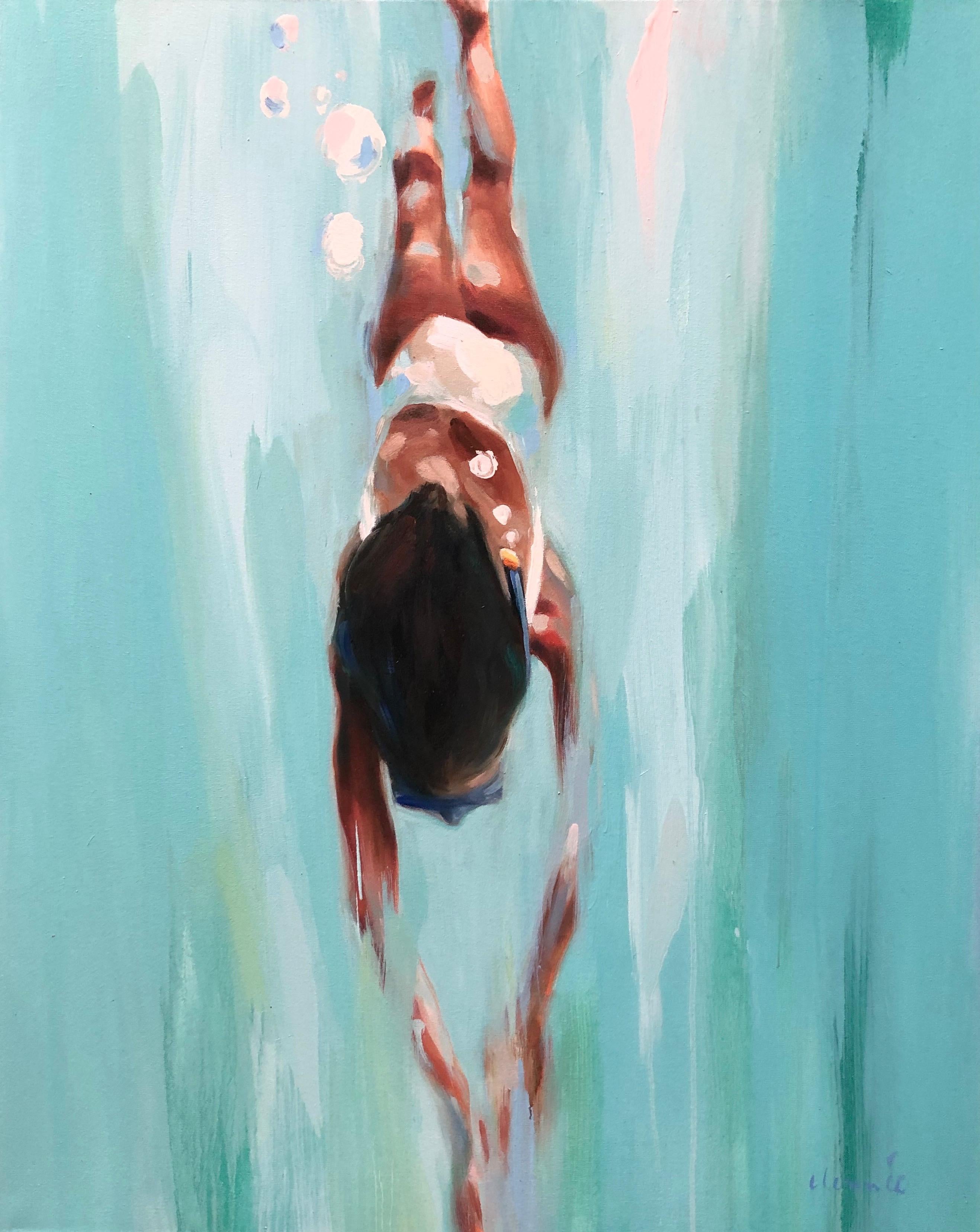 Elizabeth Lennie Figurative Painting - "Ocean Swim" vertical abstract oil painting of woman diving in light blue water