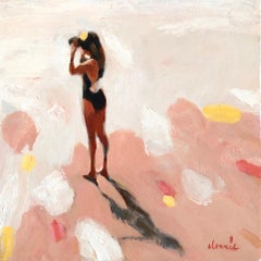 ''Ocean View'' Abstract oil painting of a women on a beach with neutral palette