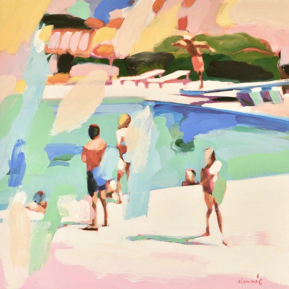 Elizabeth Lennie Figurative Painting - "Once Upon a Time" Abstract oil painting of people at pool in green, blue, pink