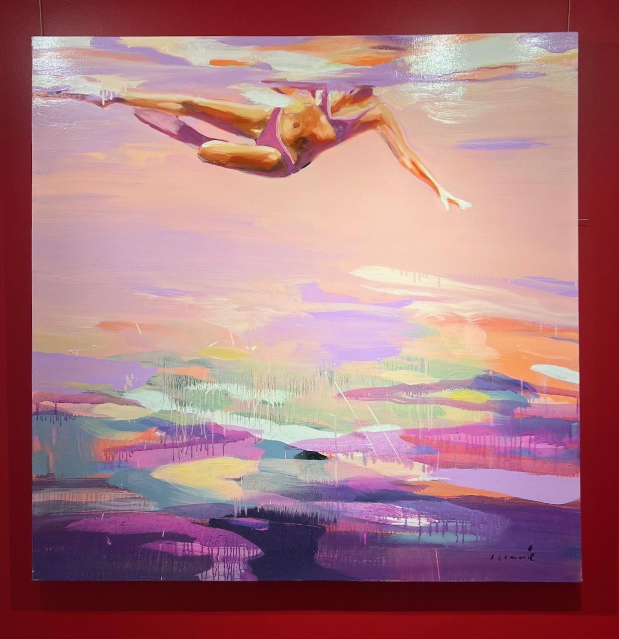 Abstraktes Ölgemälde „Paradise“ einer Frau, die über rosa und violettem Wasser schwimmt im Angebot 2